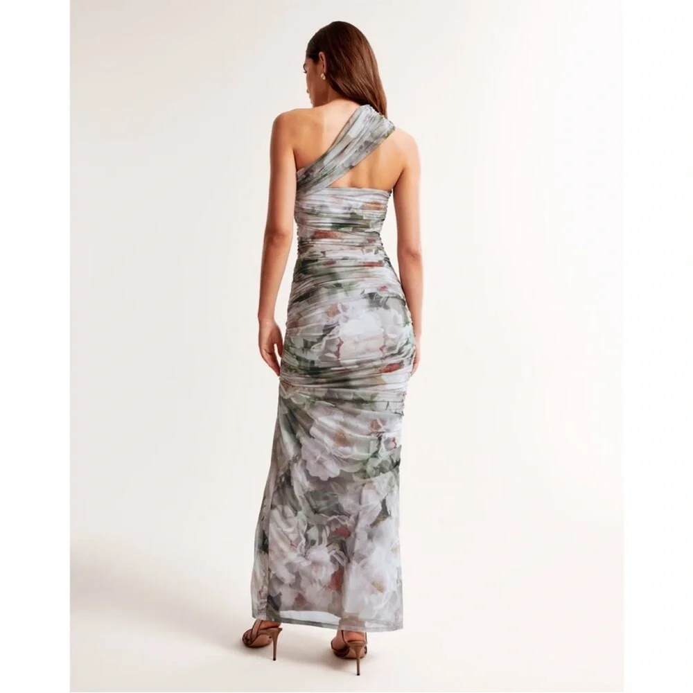 Abercrombie & Fitch Floral One-Shoulder Ruched Maxi Dress in Green and Gray